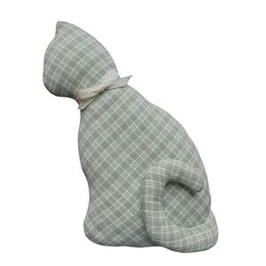 Vintage Handmade Stuffed Cat 7” Green Plaid Fabric Pillow Decor